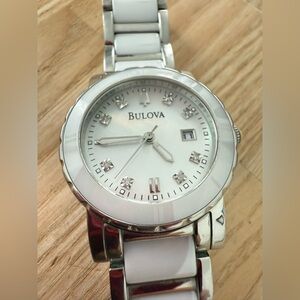 Bulova ladies silver tone white ceramic diamond watch NEW BATTERY
